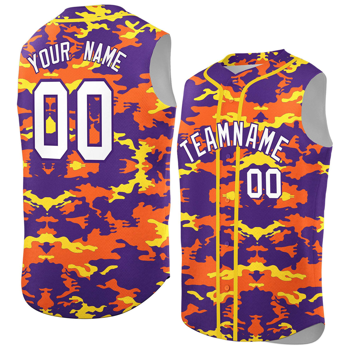 Custom Purple Orange and Gold Camo Fashion Authentic Sleeveless Baseball Jersey