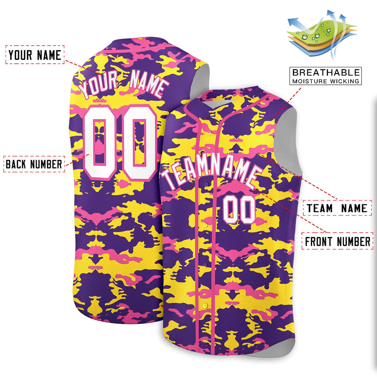 Custom Purple Gold and Pink Camo Fashion Authentic Sleeveless Baseball Jersey
