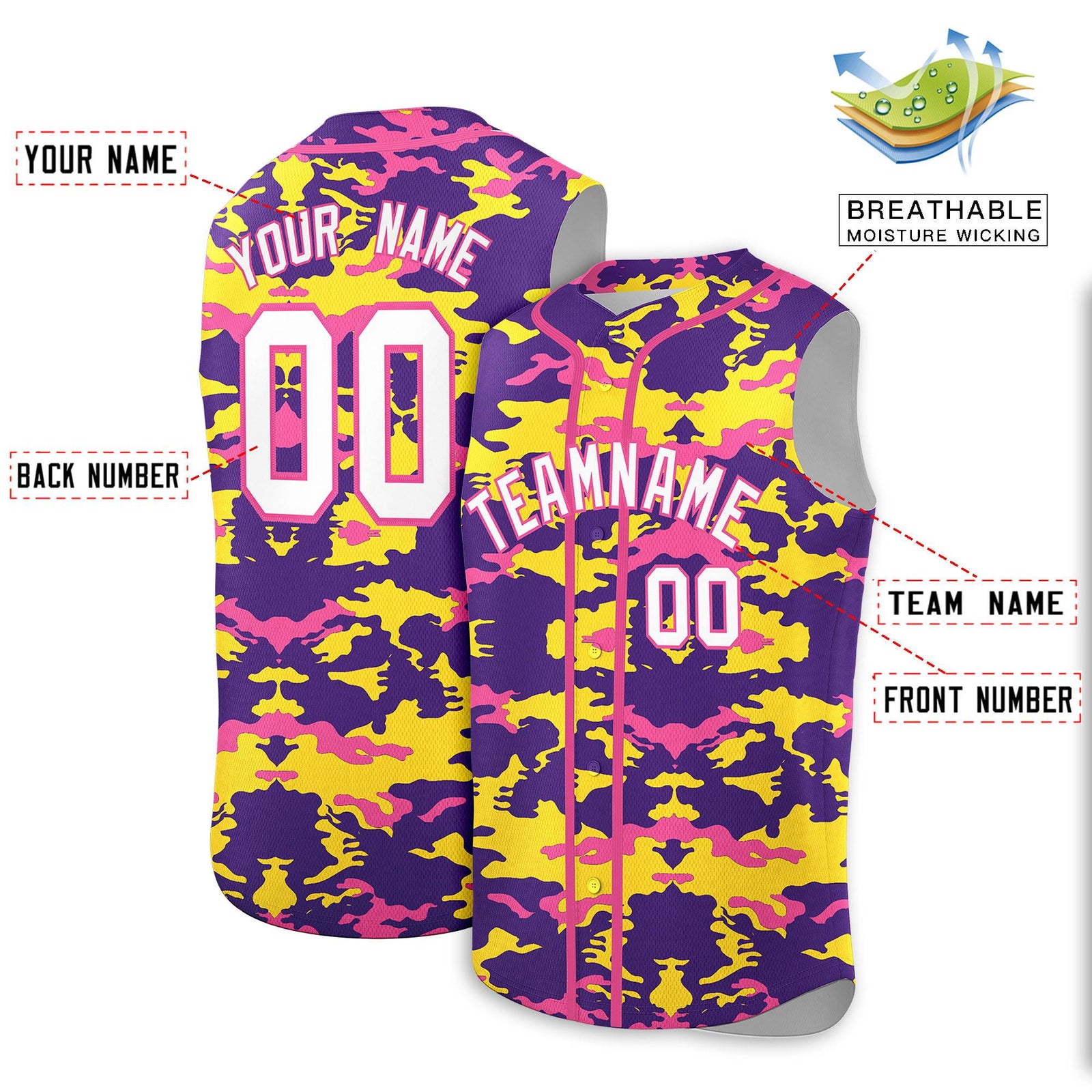 Custom Purple Gold and Pink Camo Fashion Authentic Sleeveless Baseball Jersey