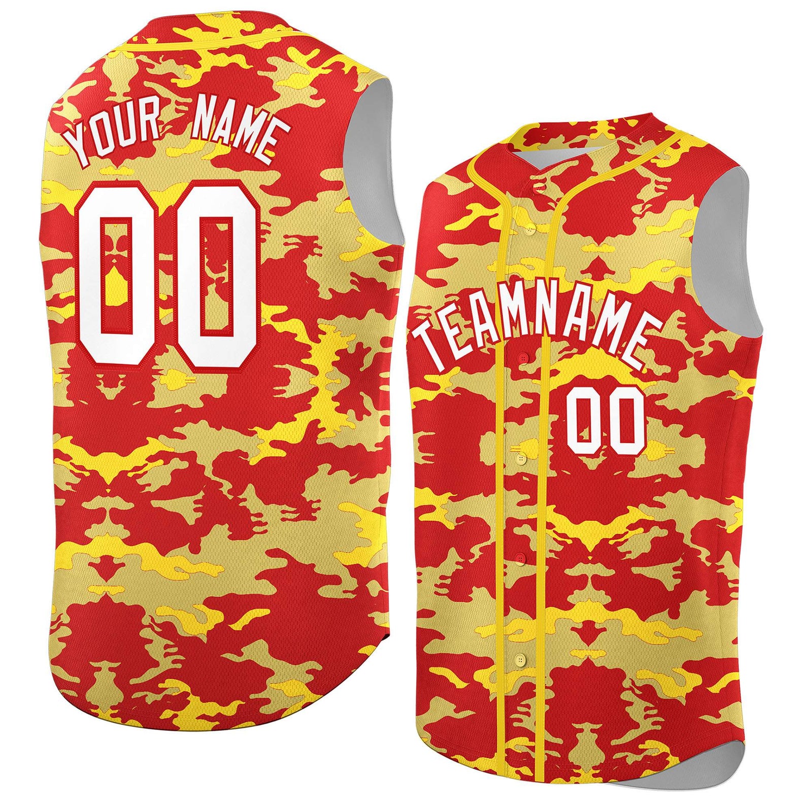 Custom Red Old Gold and Gold Camo Fashion Authentic Sleeveless Baseball Jersey