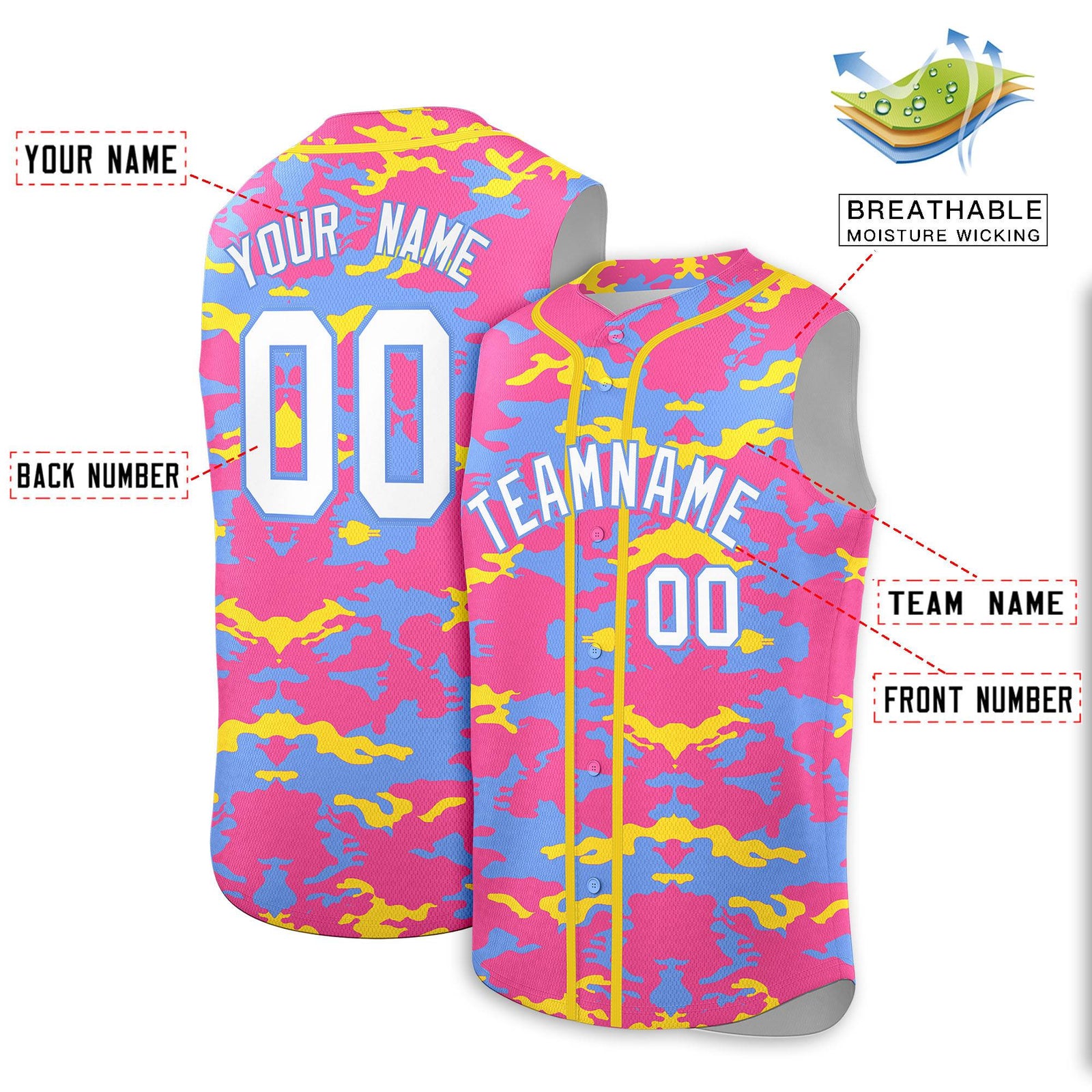 Custom Pink Powder Blue and Gold Camo Fashion Authentic Sleeveless Baseball Jersey
