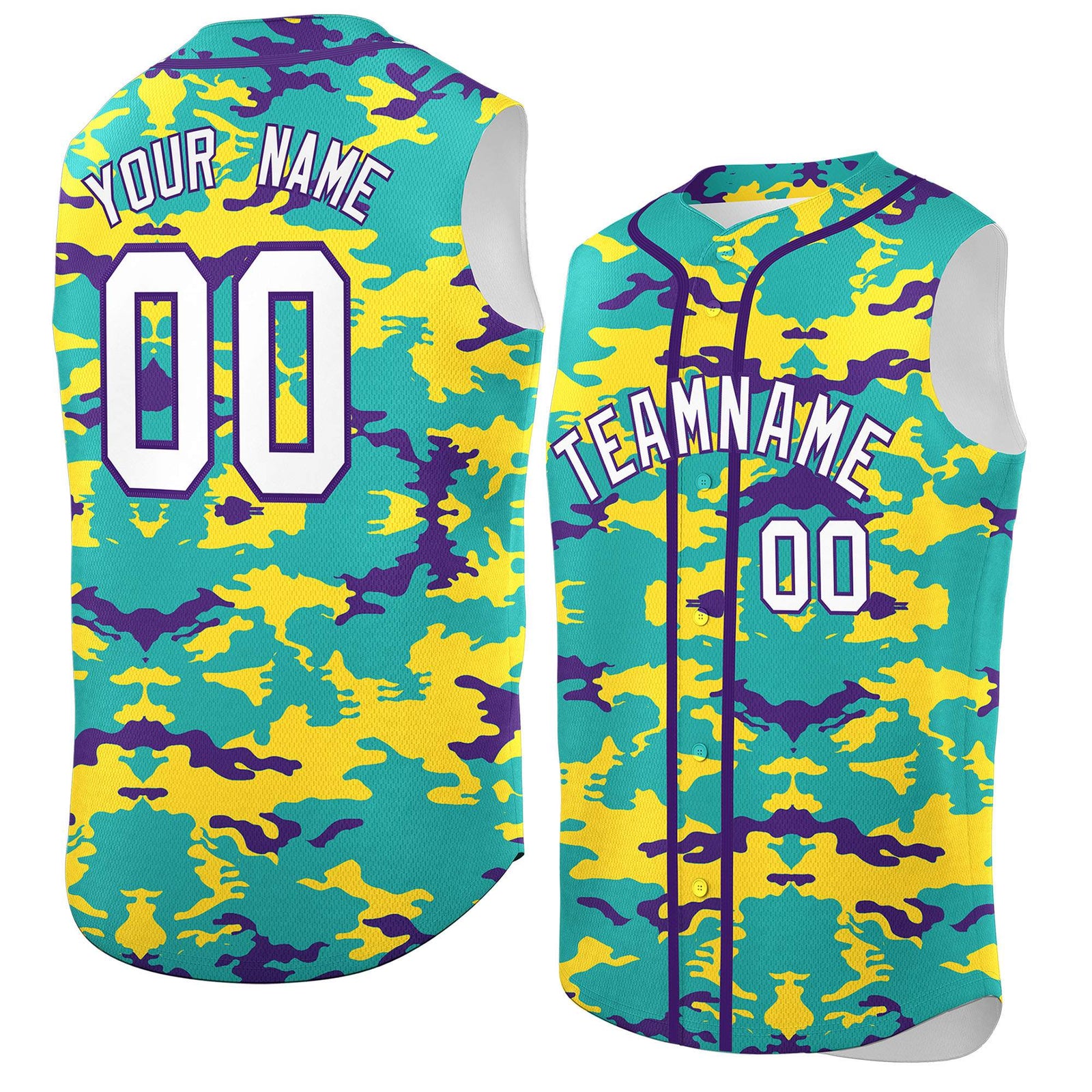 Custom Bright Green Gold and Purple Camo Fashion Authentic Sleeveless Baseball Jersey