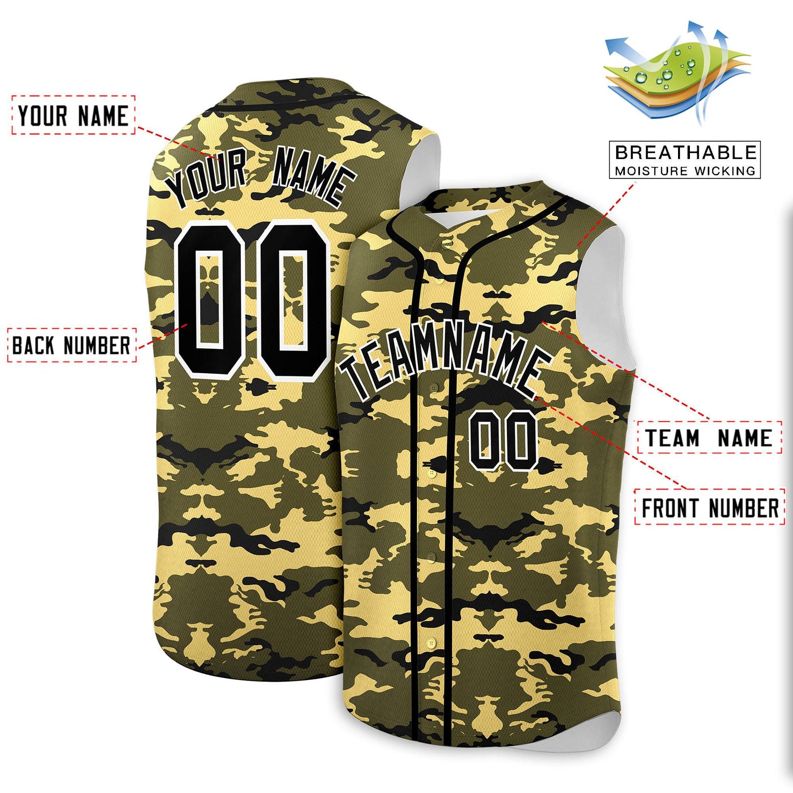 Custom Olive Khaki and Black Camo Fashion Authentic Sleeveless Baseball Jersey