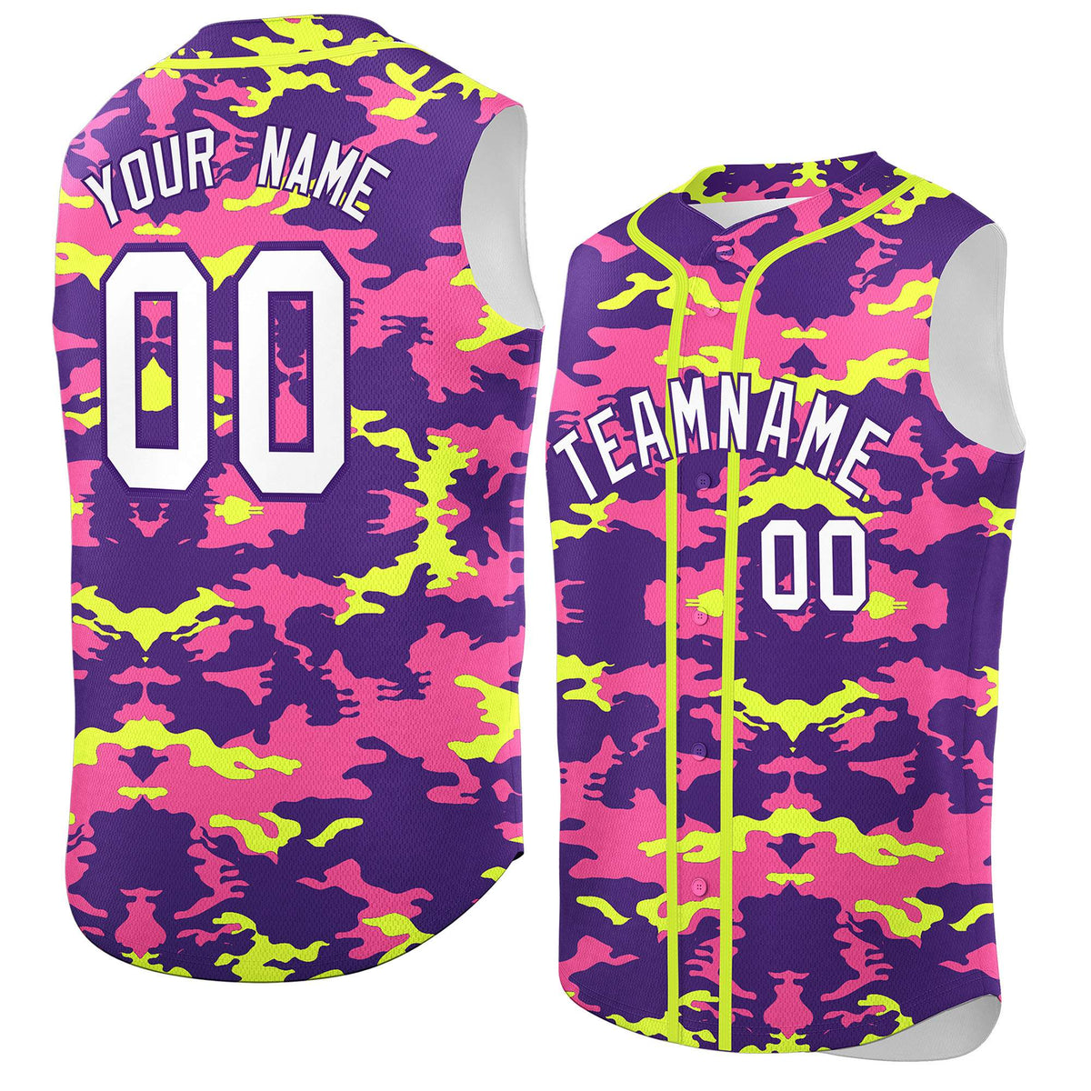 Custom Purple Pink and Fluorescent Green Camo Fashion Authentic Sleeveless Baseball Jersey