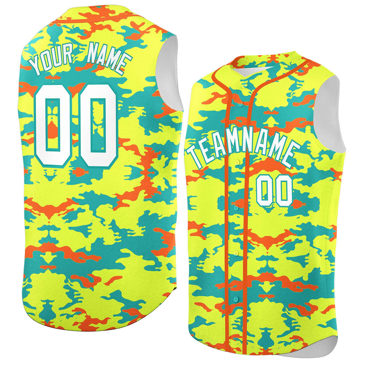Custom Fluorescent Green Aqua and Orange Camo Fashion Authentic Sleeveless Baseball Jersey