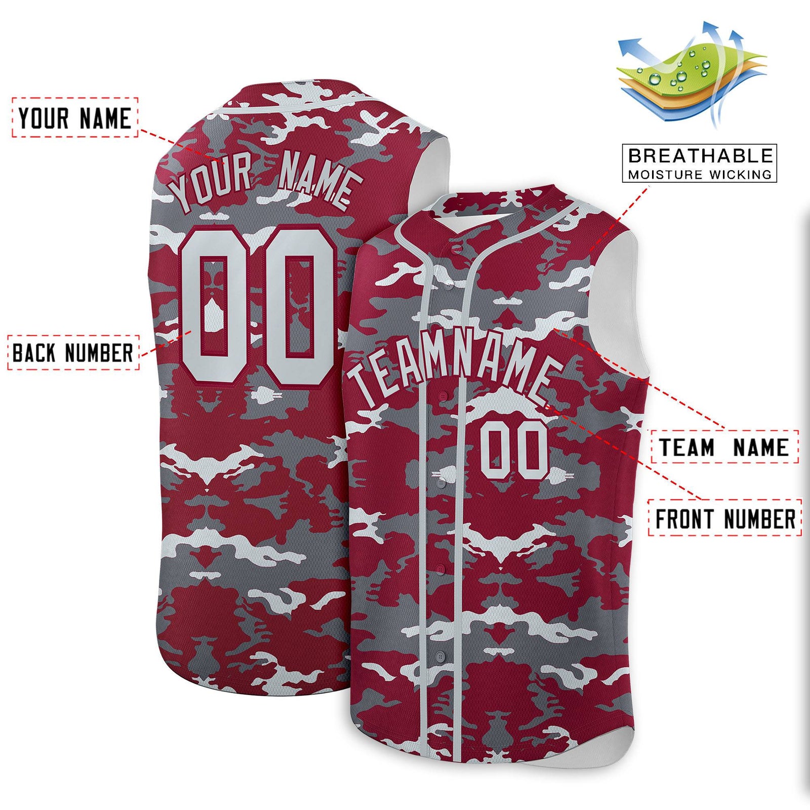 Custom Crimson Gray and Silver Camo Fashion Authentic Sleeveless Baseball Jersey