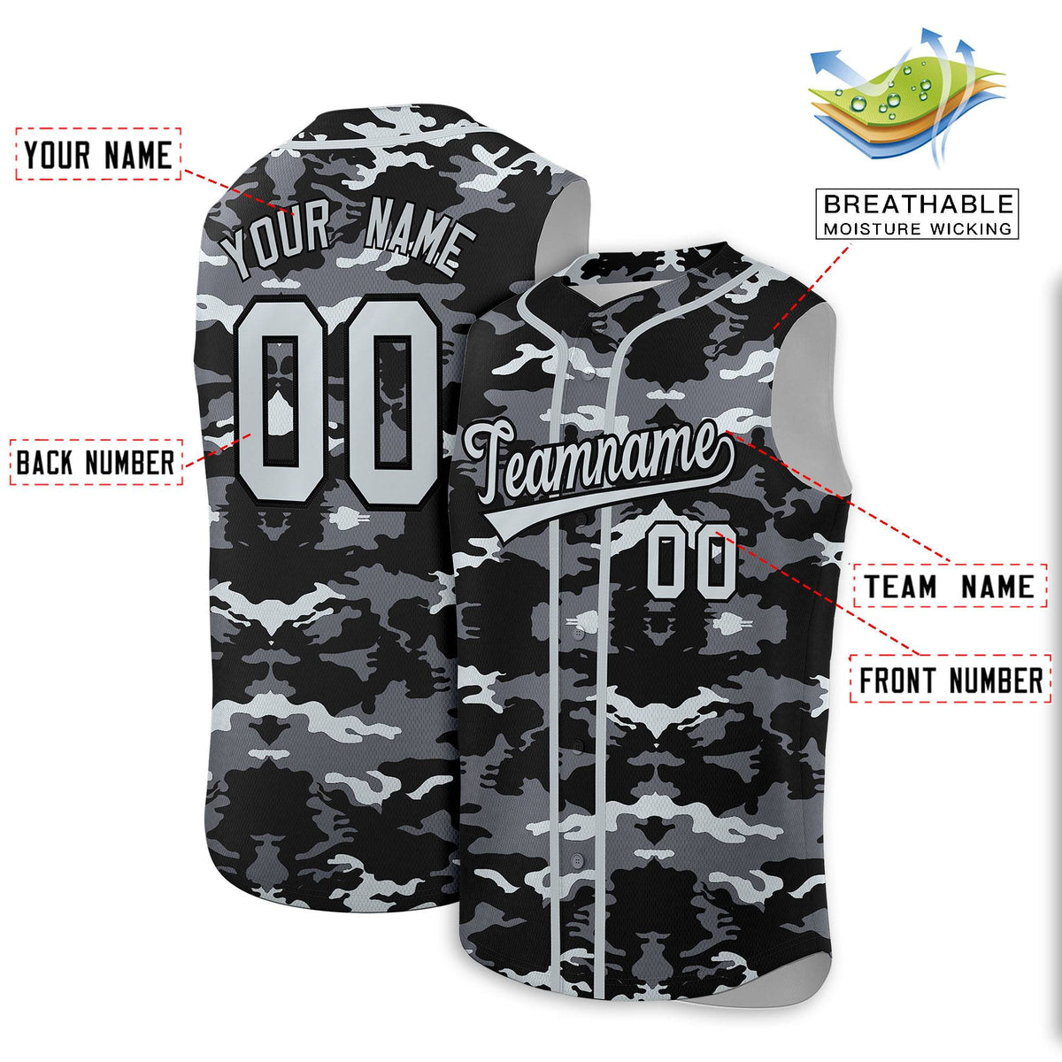 Custom Black Gray and Silver Camo Fashion Authentic Sleeveless Baseball Jersey