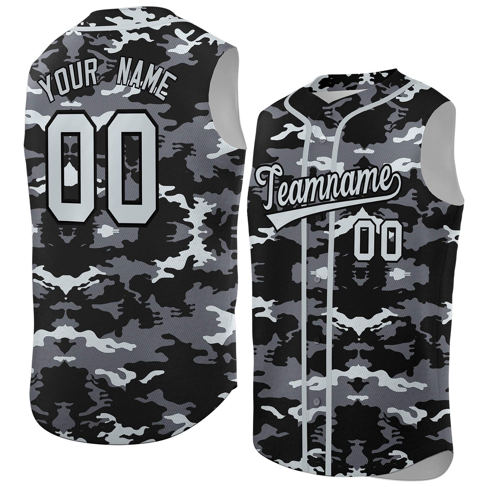 Custom Black Gray and Silver Camo Fashion Authentic Sleeveless Baseball Jersey