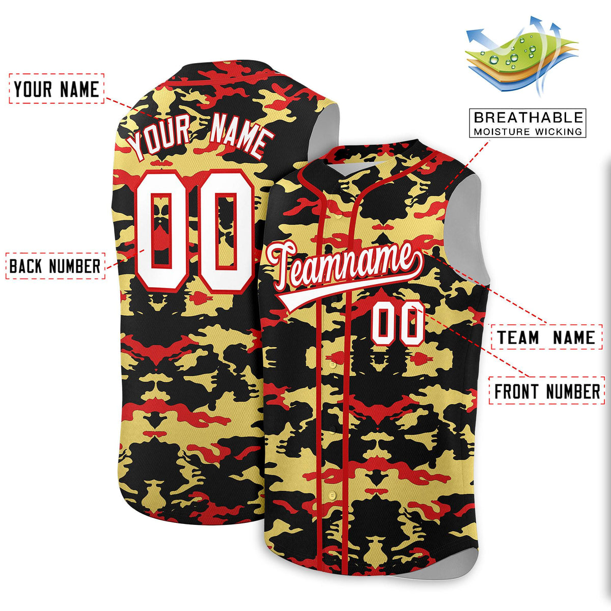 Custom Black Old Gold and Red Camo Fashion Authentic Sleeveless Baseball Jersey