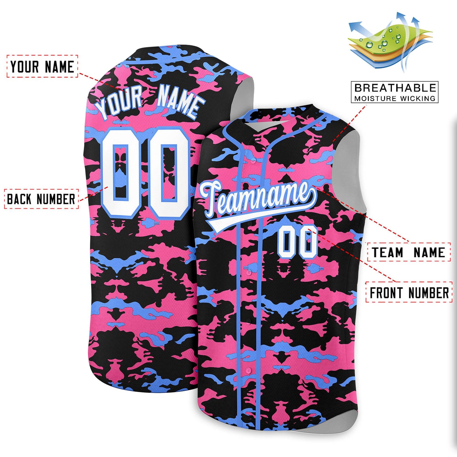 Custom Black Pink and Powder Blue Camo Fashion Authentic Sleeveless Baseball Jersey