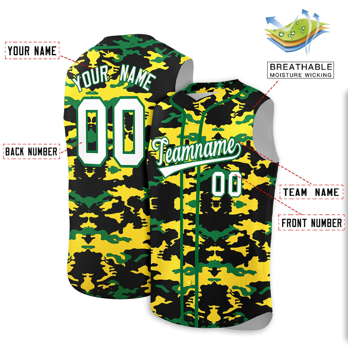 Custom Black Gold and Kelly Green Camo Fashion Authentic Sleeveless Baseball Jersey
