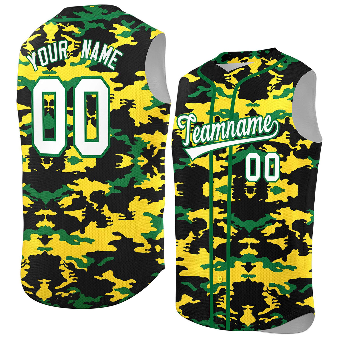 Custom Black Gold and Kelly Green Camo Fashion Authentic Sleeveless Baseball Jersey
