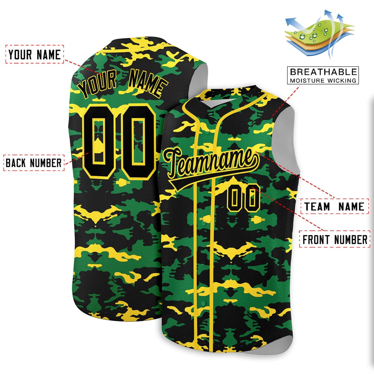 Custom Black Kelly Green and Gold Camo Fashion Authentic Sleeveless Baseball Jersey