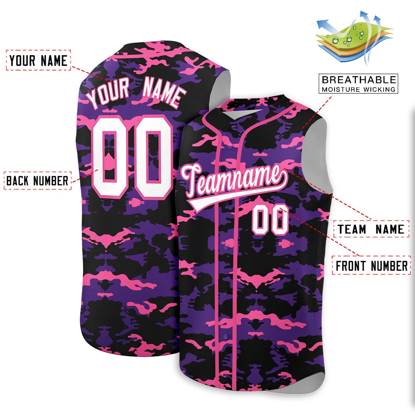 Custom Black Purple and Pink Camo Fashion Authentic Sleeveless Baseball Jersey