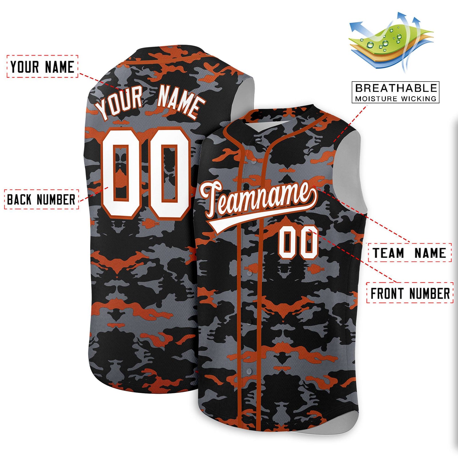 Custom Black Gray and Texas Orange Camo Fashion Authentic Sleeveless Baseball Jersey