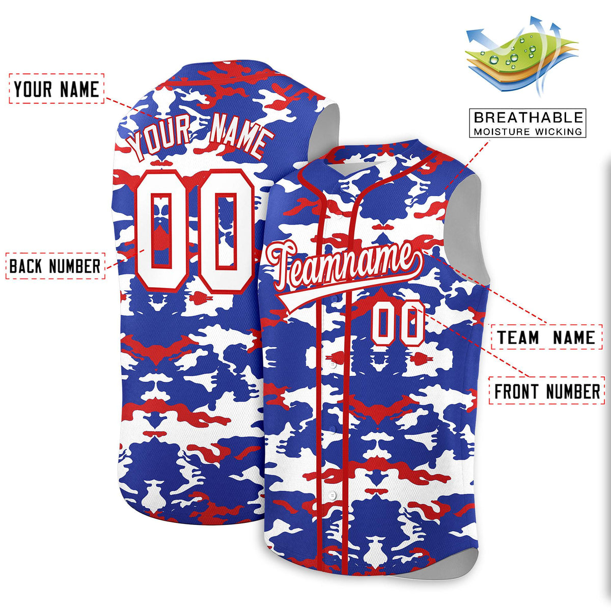 Custom Royal White and Red Camo Fashion Authentic Sleeveless Baseball Jersey