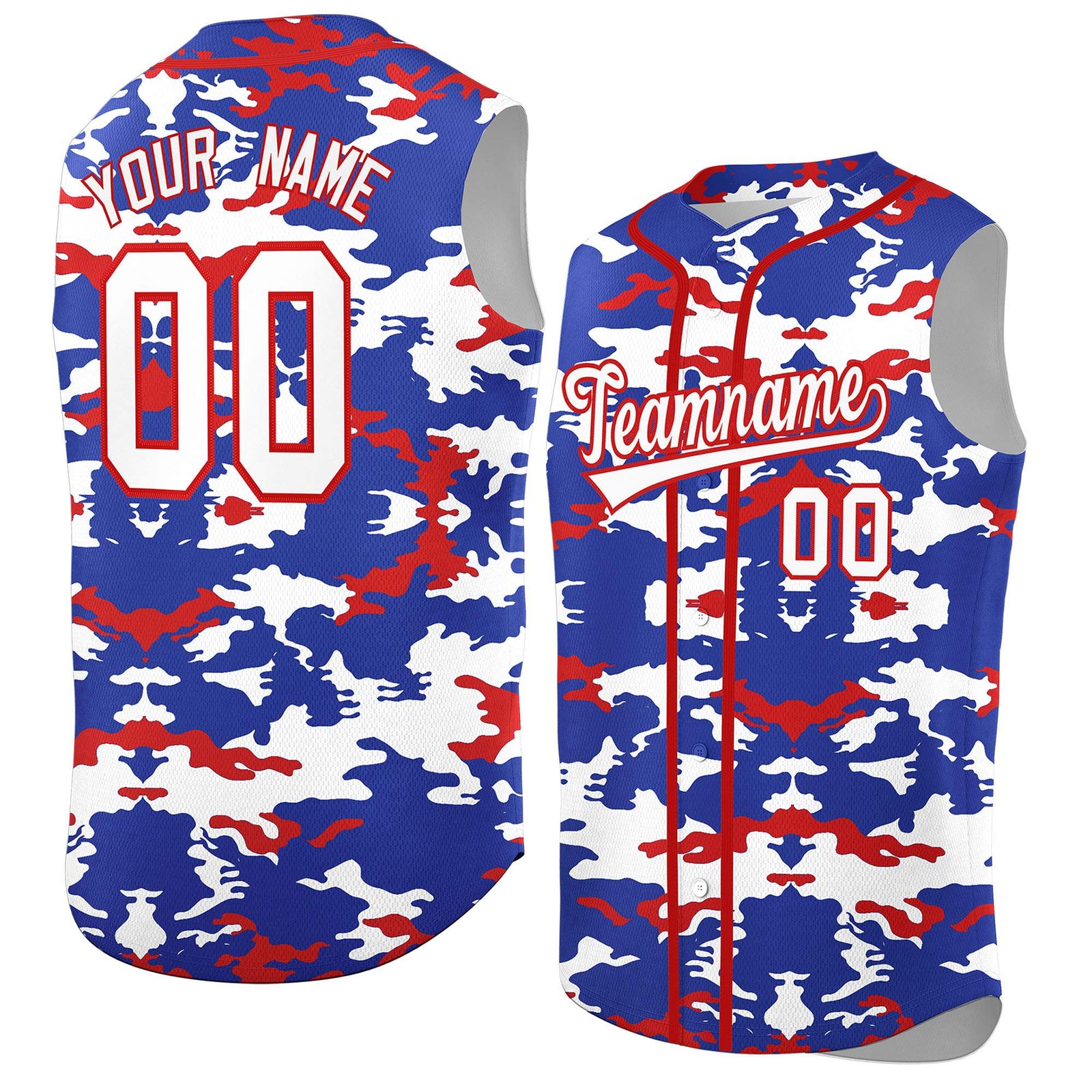 Custom Royal White and Red Camo Fashion Authentic Sleeveless Baseball Jersey