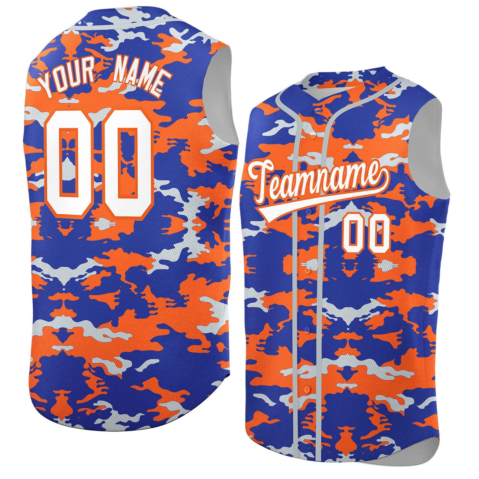 Custom Royal Orange and Silver Camo Fashion Authentic Sleeveless Baseball Jersey