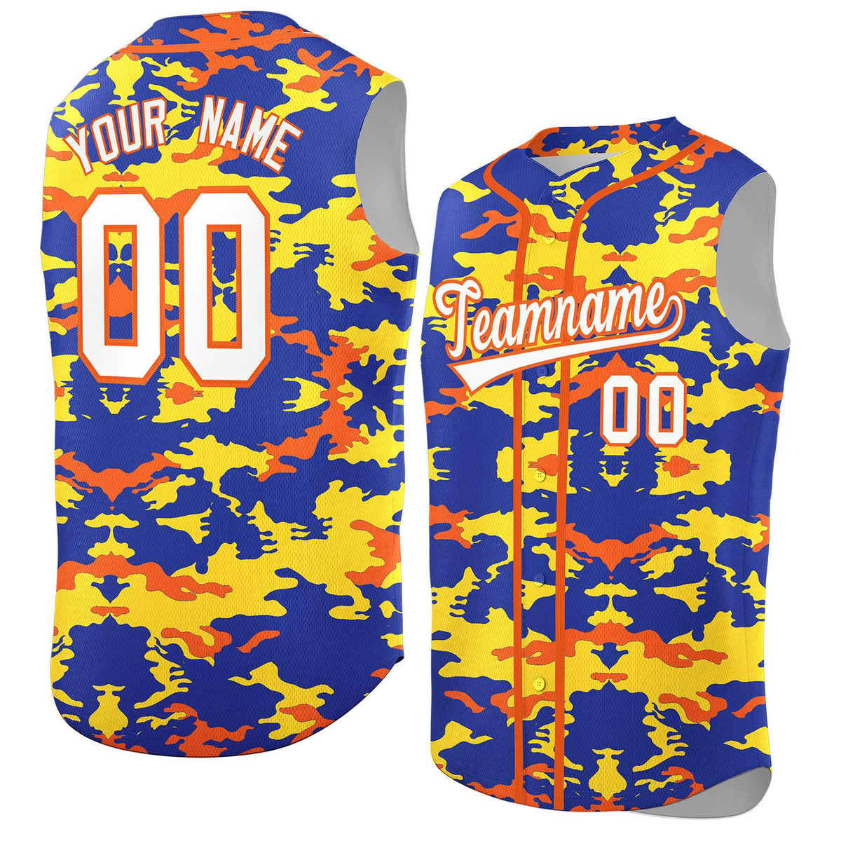 Custom Royal Gold and Orange Camo Fashion Authentic Sleeveless Baseball Jersey