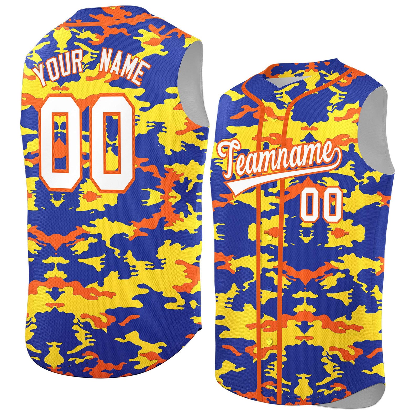 Custom Royal Gold and Orange Camo Fashion Authentic Sleeveless Baseball Jersey