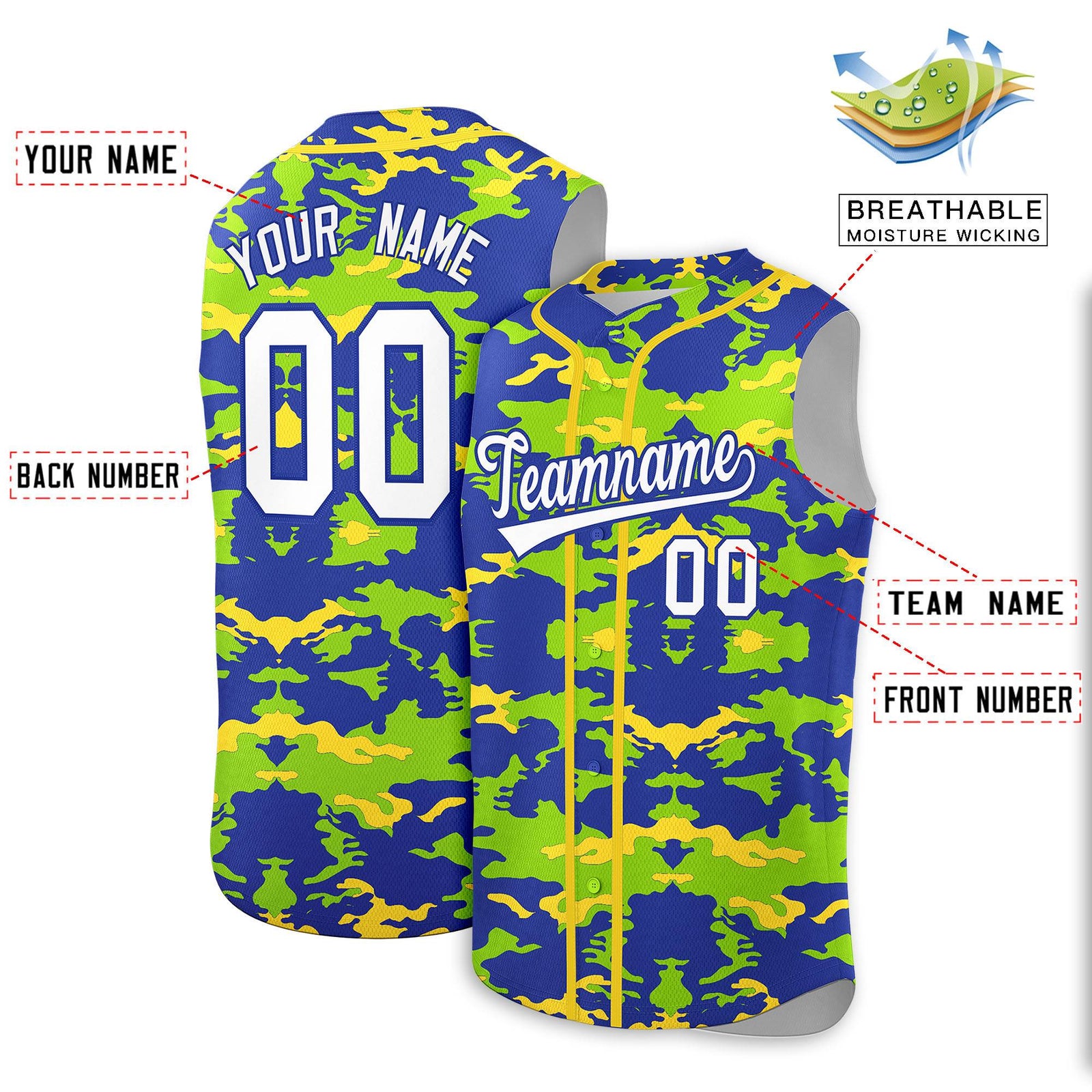 Custom Royal Neon Green and Gold Camo Fashion Authentic Sleeveless Baseball Jersey