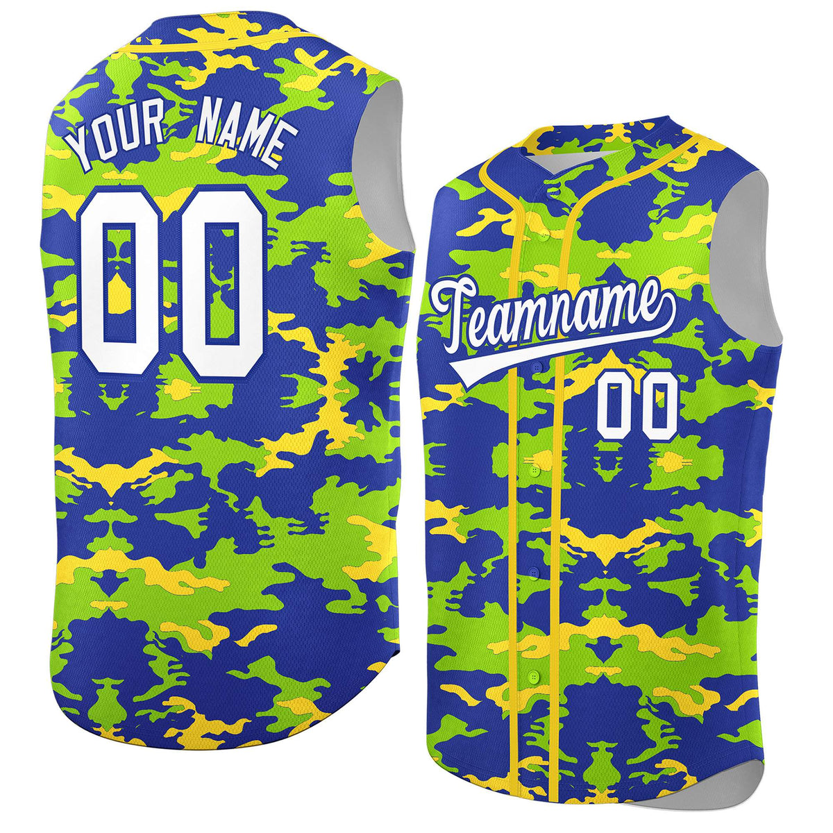 Custom Royal Neon Green and Gold Camo Fashion Authentic Sleeveless Baseball Jersey