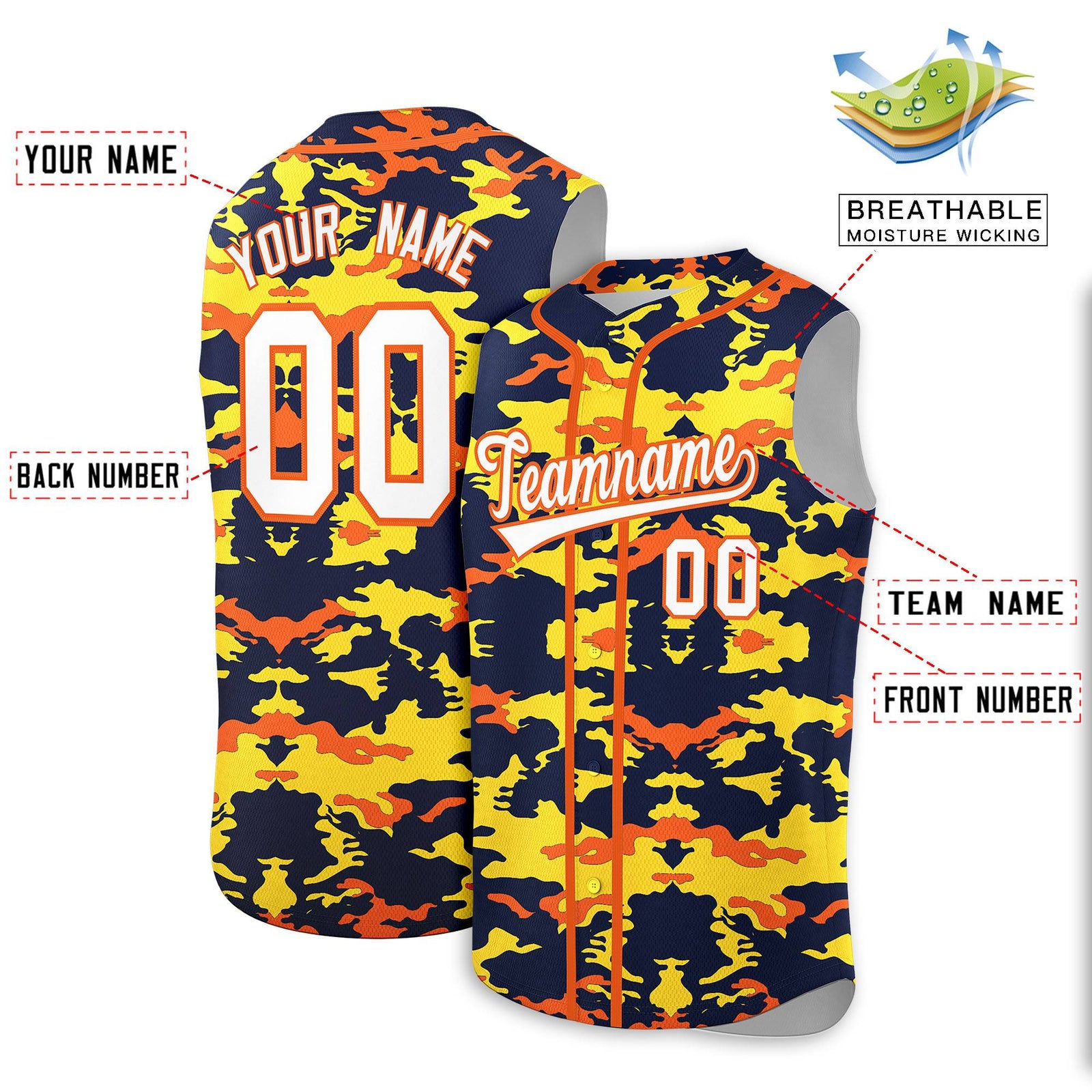 Custom Navy Gold and Orange Camo Fashion Authentic Sleeveless Baseball Jersey