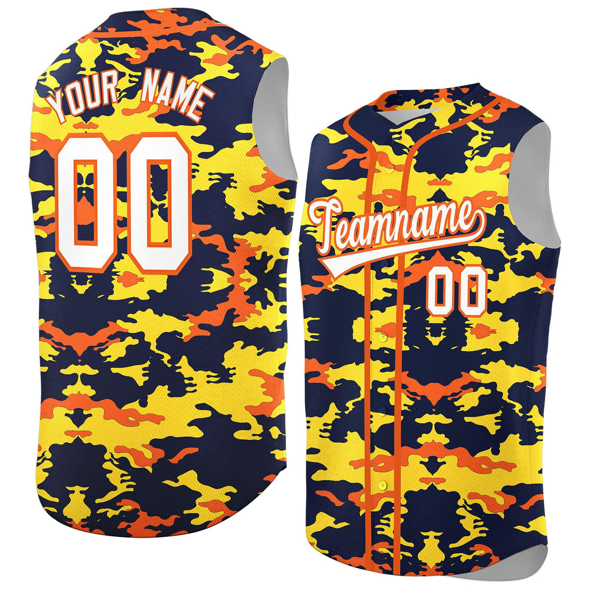 Custom Navy Gold and Orange Camo Fashion Authentic Sleeveless Baseball Jersey