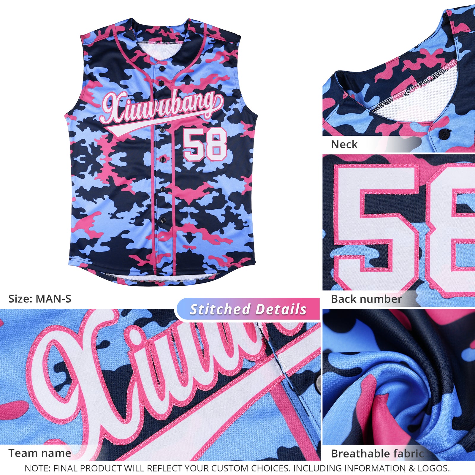 Custom Navy Light Blue and Pink Camo Fashion Authentic Sleeveless Baseball Jersey