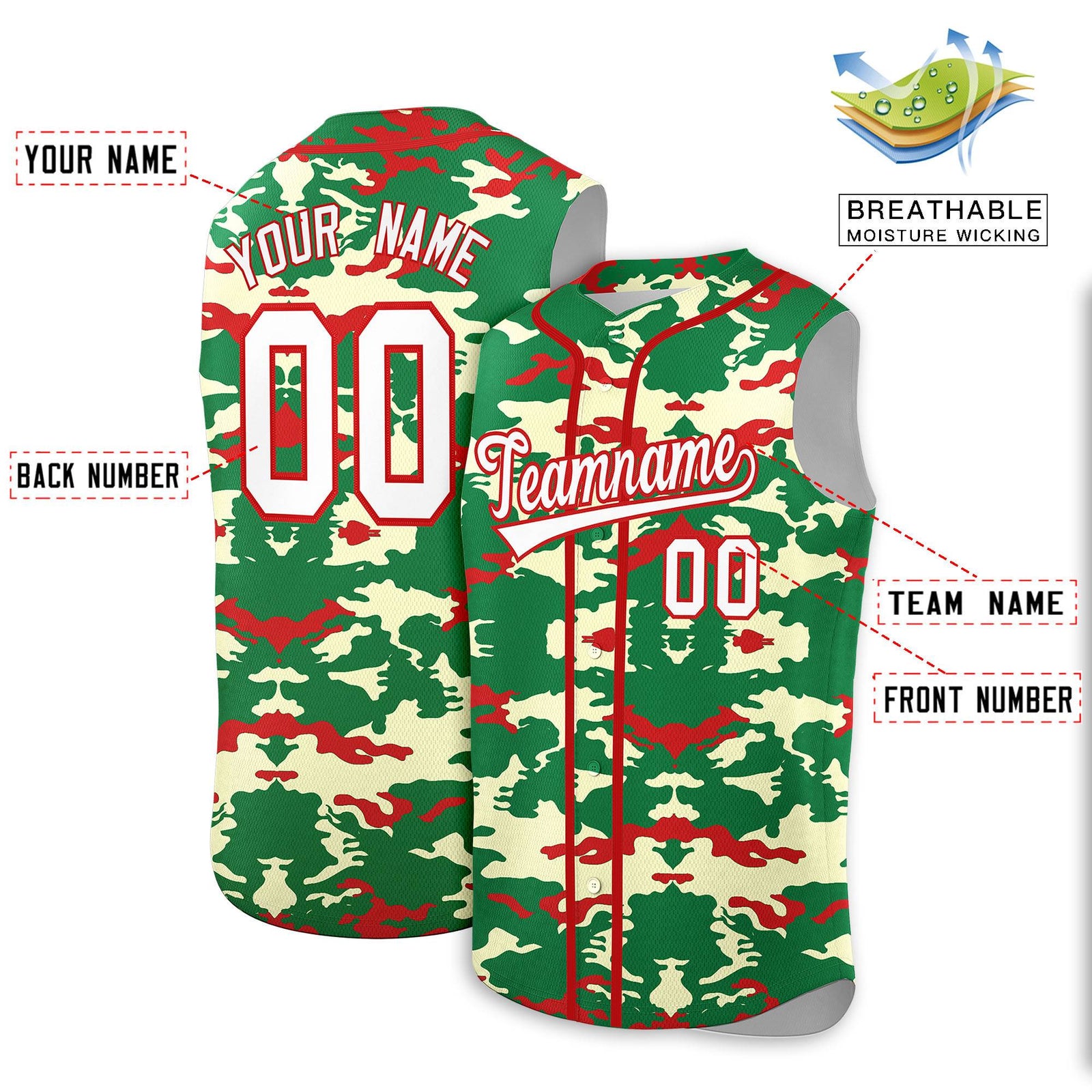 Custom Kelly Green Red Camo Fashion Authentic Sleeveless Baseball Jersey
