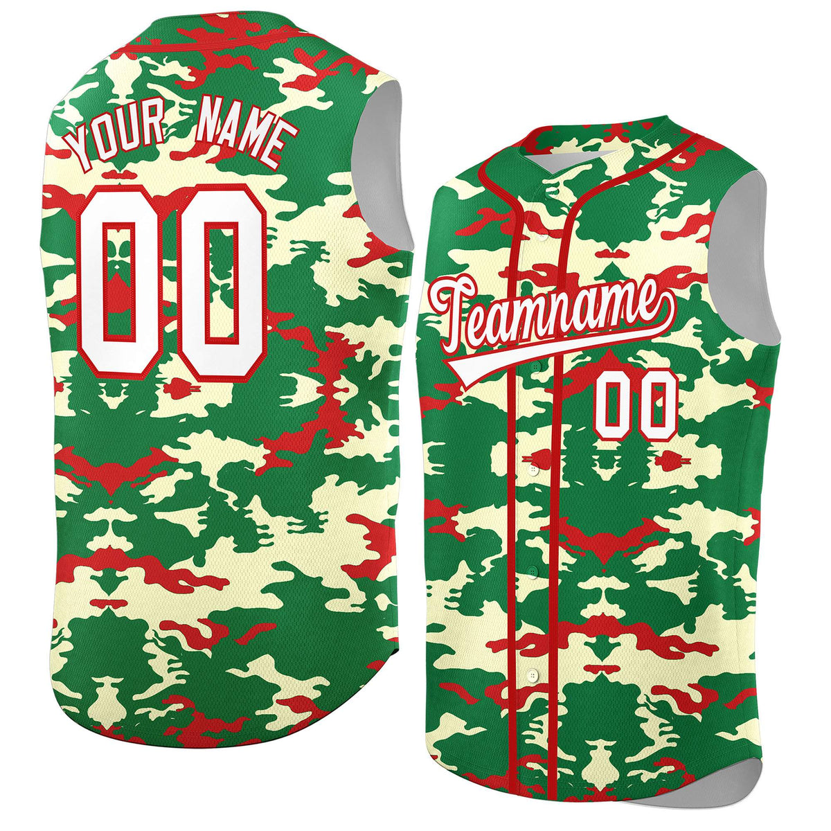 Custom Kelly Green Red Camo Fashion Authentic Sleeveless Baseball Jersey