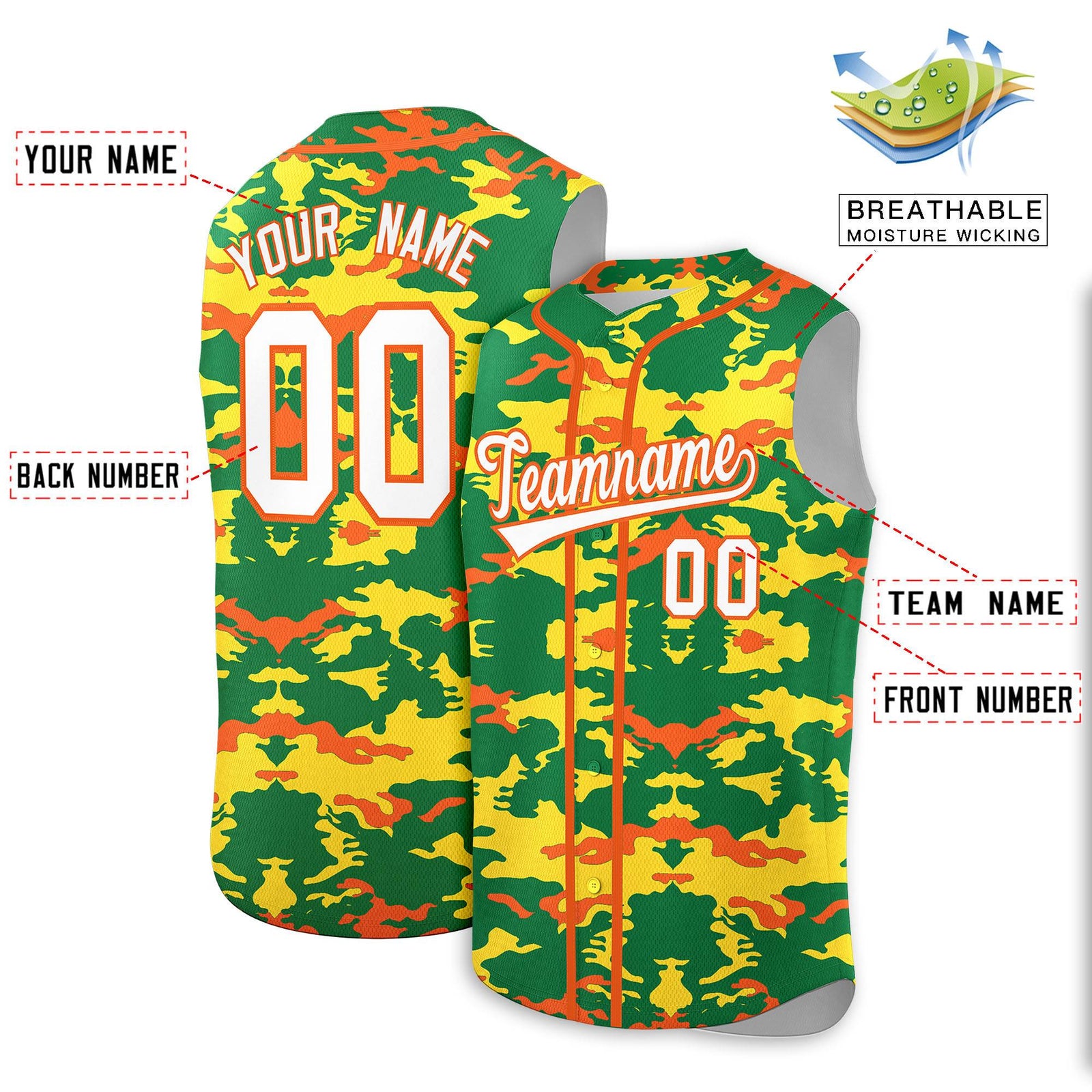 Custom Kelly Green Gold and Orange Camo Fashion Authentic Sleeveless Baseball Jersey