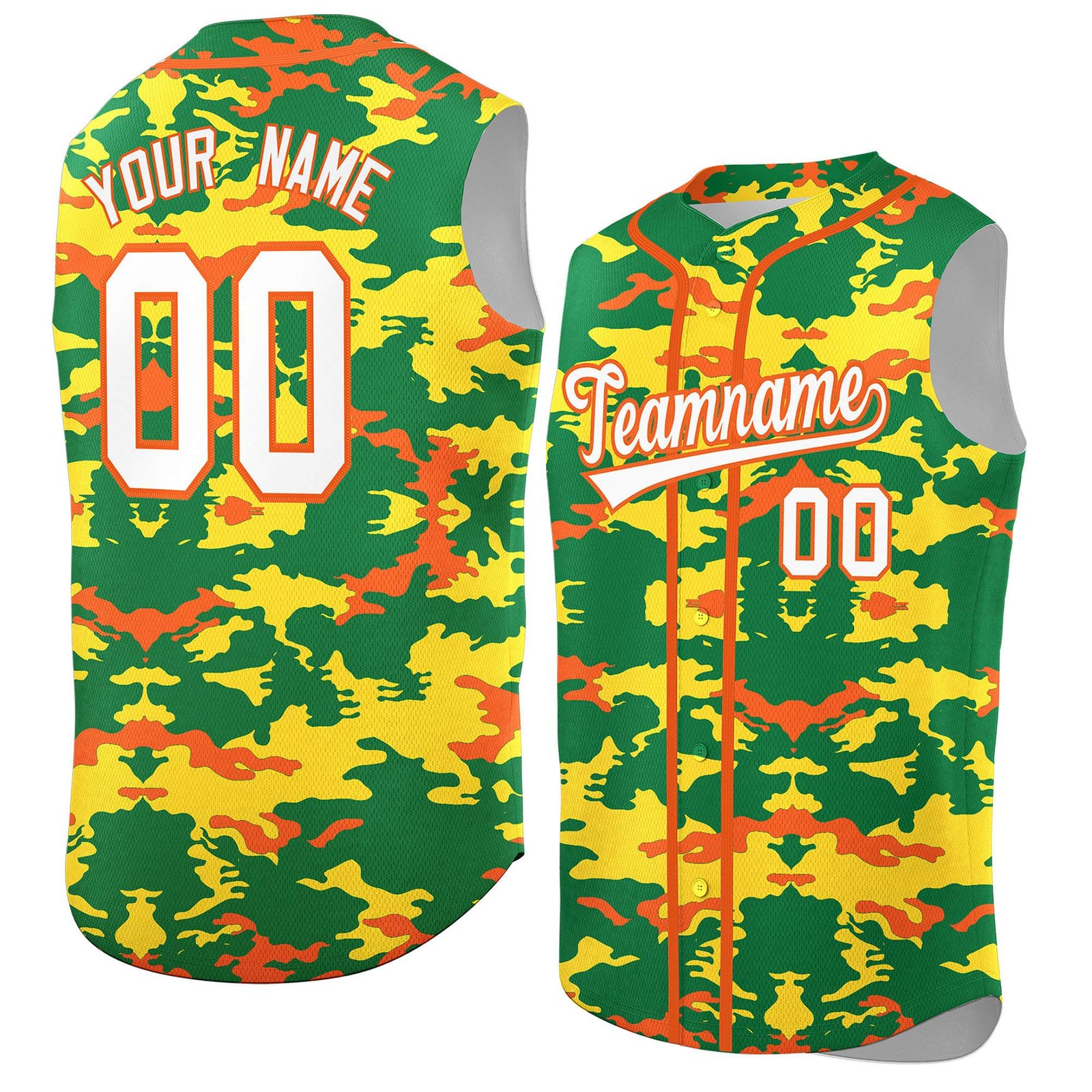 Custom Kelly Green Gold and Orange Camo Fashion Authentic Sleeveless Baseball Jersey