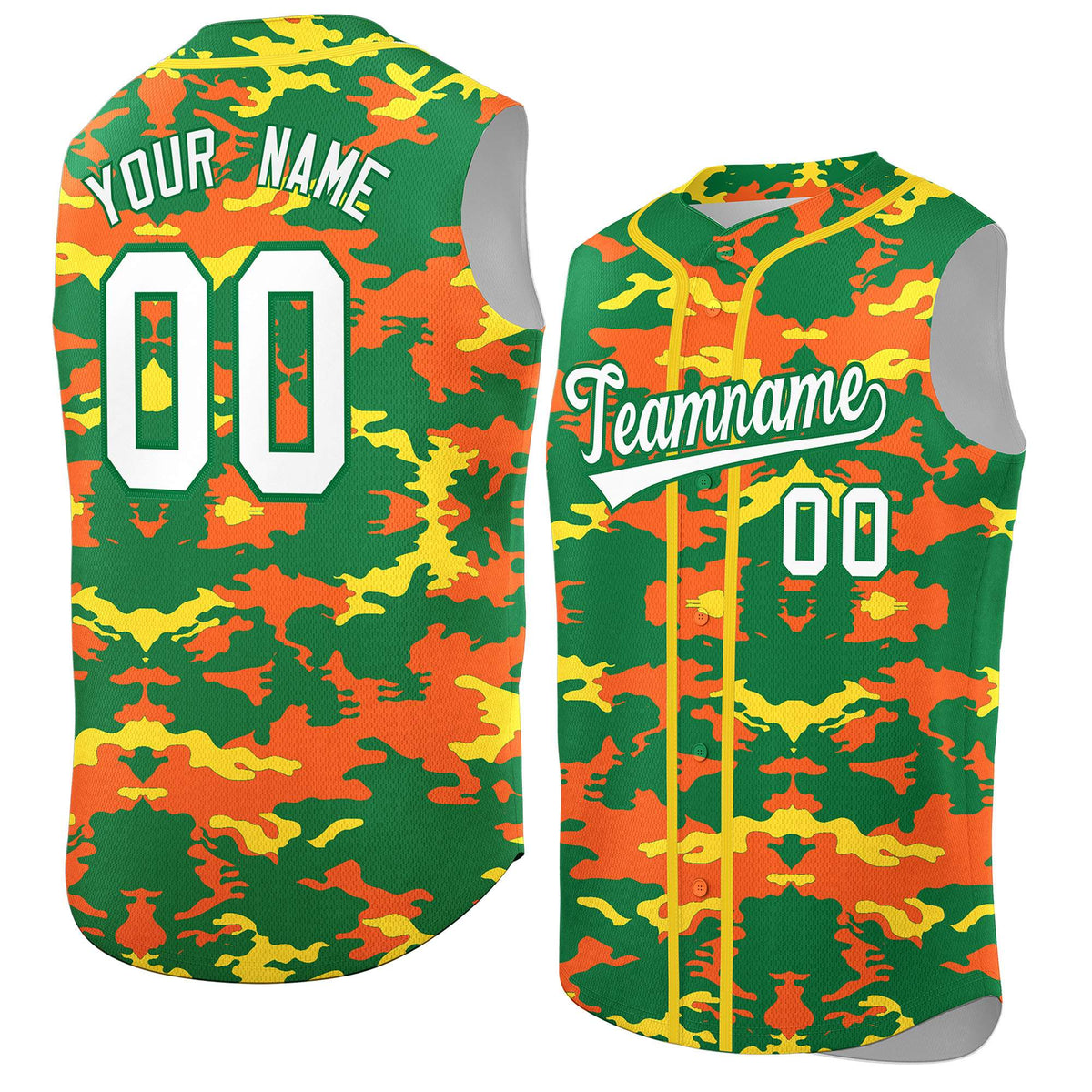 Custom Kelly Green Orange and Gold Camo Fashion Authentic Sleeveless Baseball Jersey