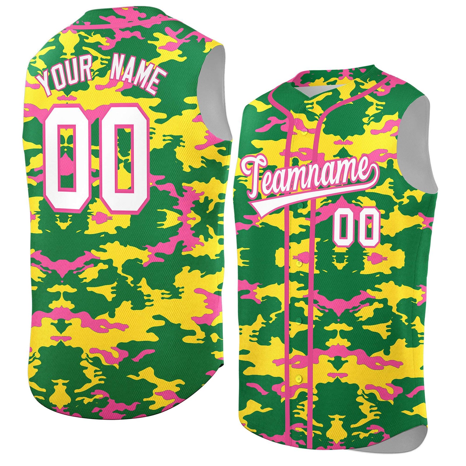 Custom Kelly Green Gold and Pink Camo Fashion Authentic Sleeveless Baseball Jersey