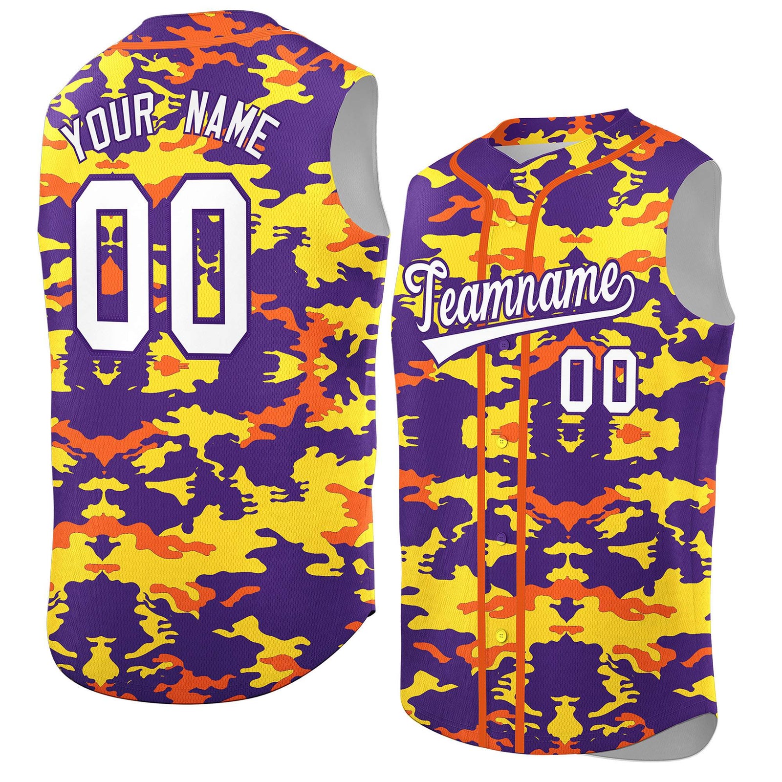Custom Purple Gold and Orange Camo Fashion Authentic Sleeveless Baseball Jersey