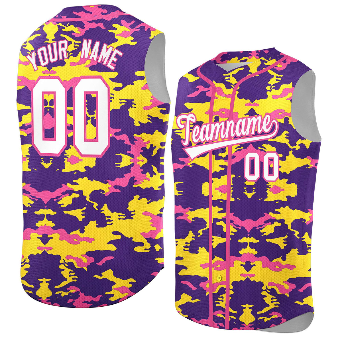 Custom Purple Gold and Pink Camo Fashion Authentic Sleeveless Baseball Jersey