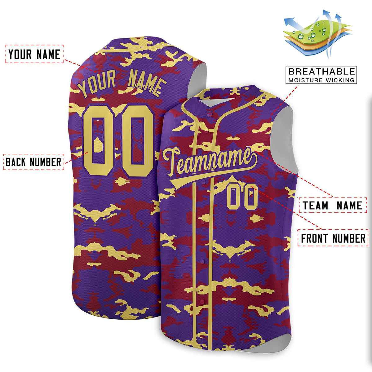 Custom Purple Crimson and Old Gold Camo Fashion Authentic Sleeveless Baseball Jersey
