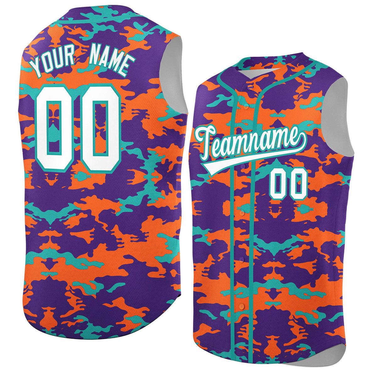 Custom Purple Orange and Aqua Camo Fashion Authentic Sleeveless Baseball Jersey