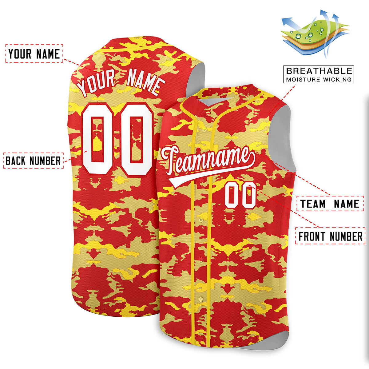Custom Red Old Gold and Gold Camo Fashion Authentic Sleeveless Baseball Jersey