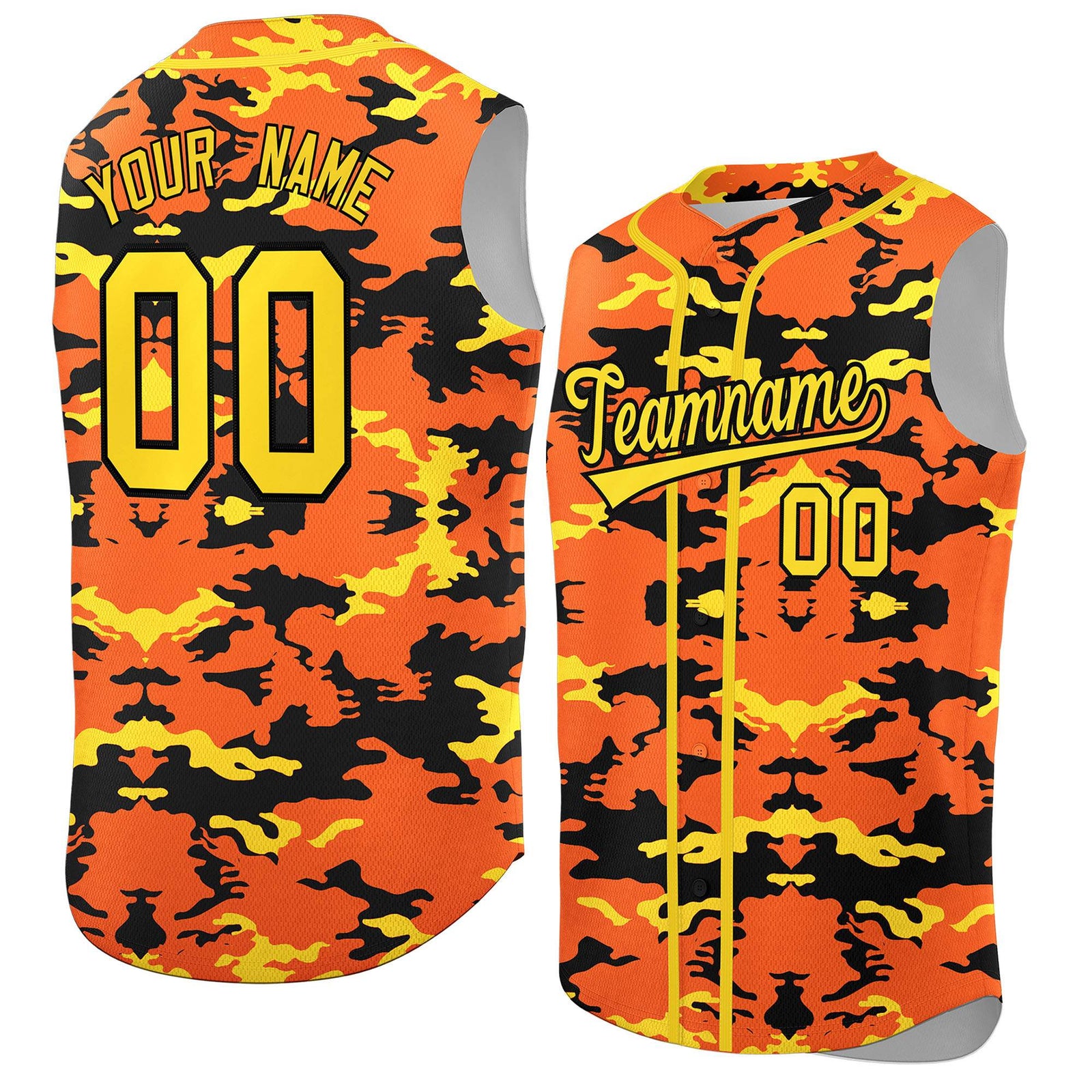 Custom Orange Black and Gold Camo Fashion Authentic Sleeveless Baseball Jersey
