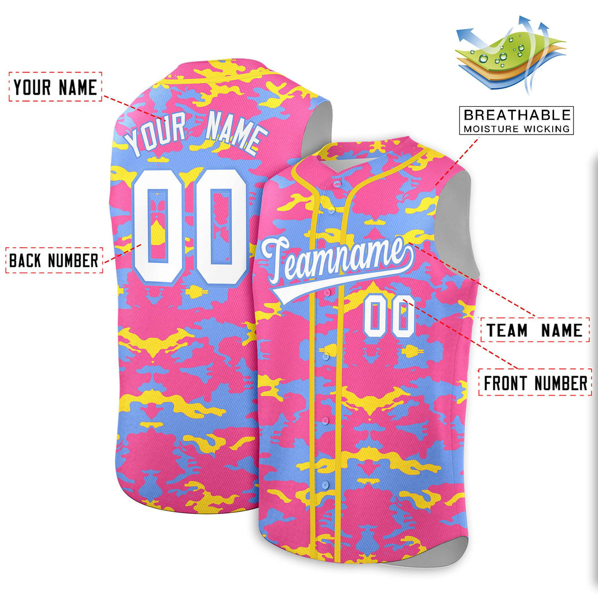 Custom Pink Powder Blue and Gold Camo Fashion Authentic Sleeveless Baseball Jersey