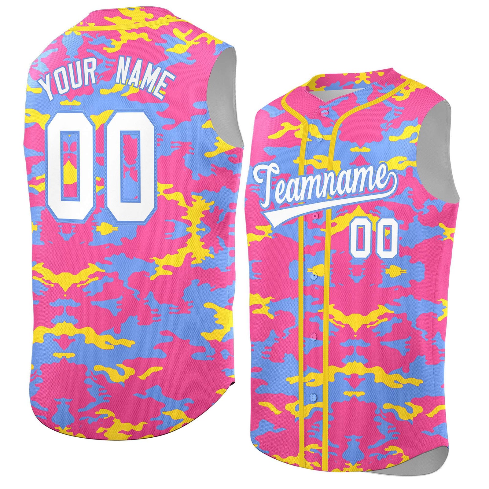 Custom Pink Powder Blue and Gold Camo Fashion Authentic Sleeveless Baseball Jersey