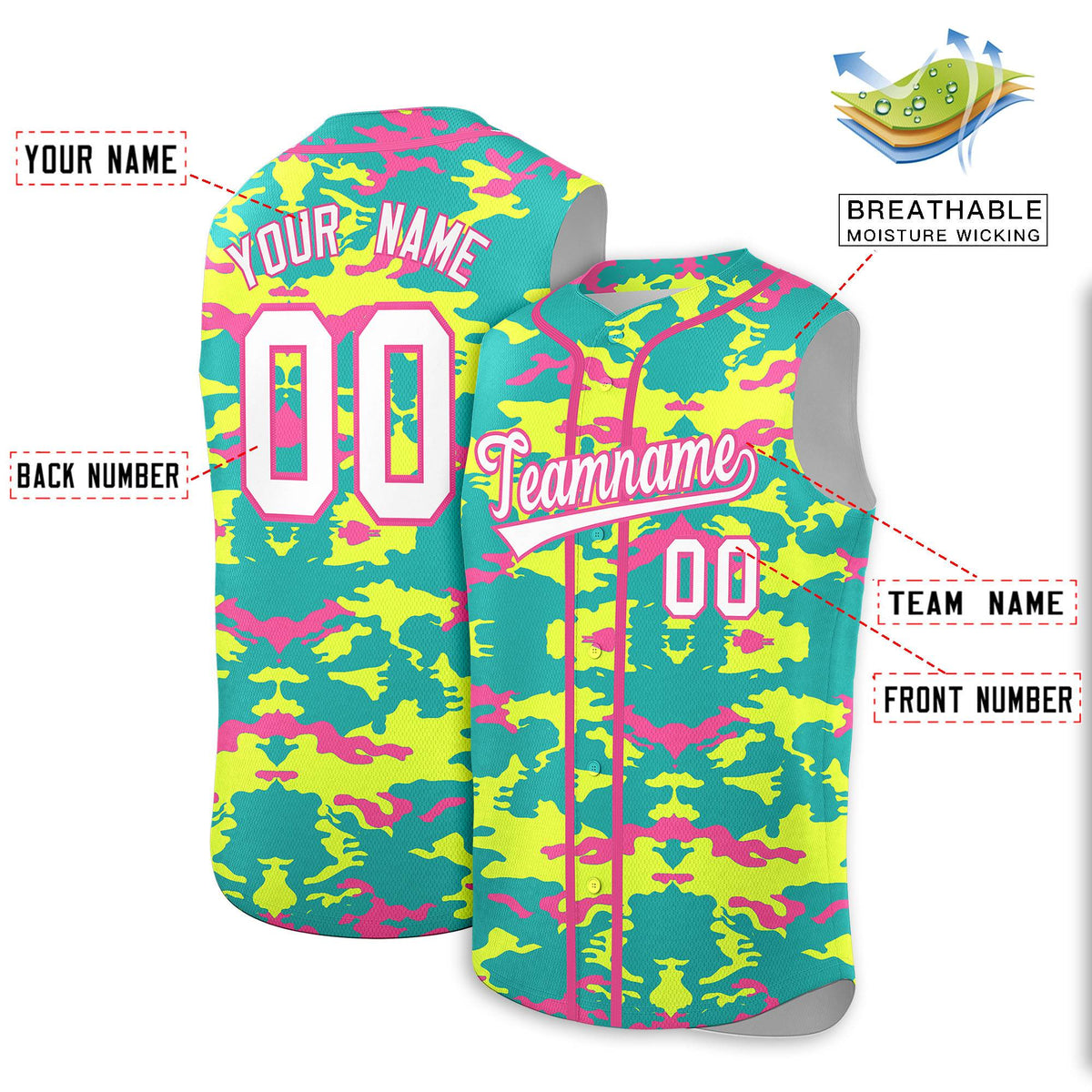 Custom Bright Green Fluorescent Green and Pink Camo Fashion Authentic Sleeveless Baseball Jersey