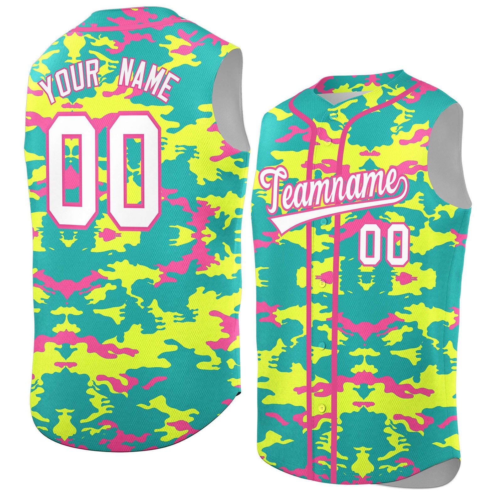 Custom Bright Green Fluorescent Green and Pink Camo Fashion Authentic Sleeveless Baseball Jersey