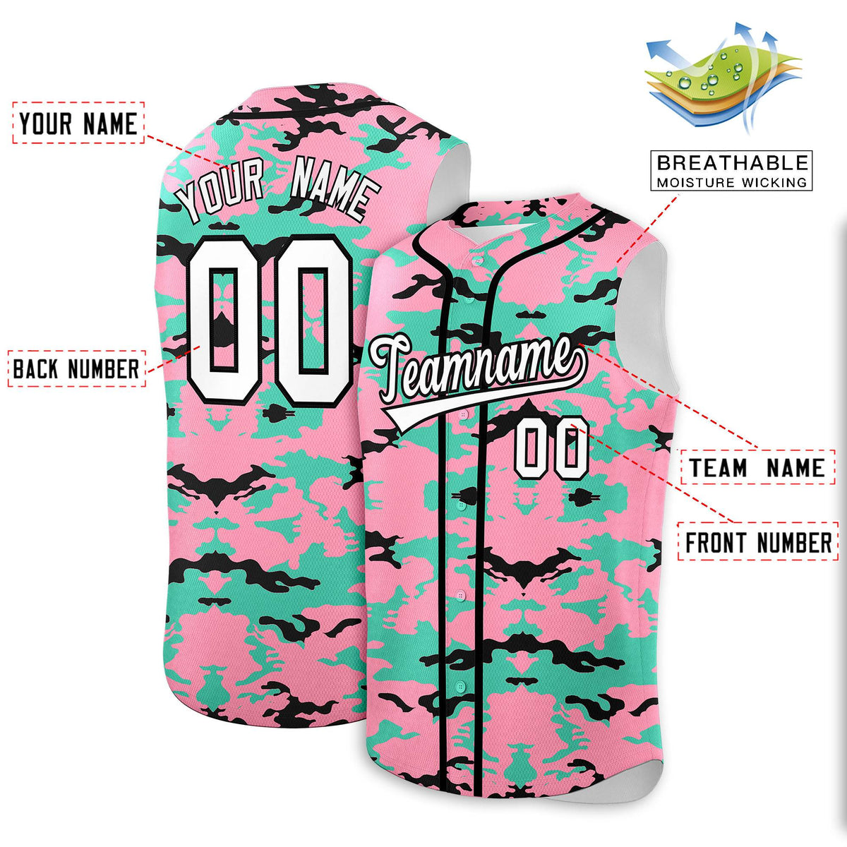 Custom Light Pink Bright Green and Black Camo Fashion Authentic Sleeveless Baseball Jersey