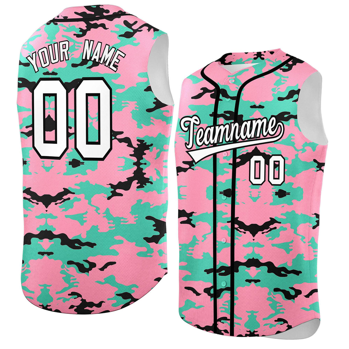 Custom Light Pink Bright Green and Black Camo Fashion Authentic Sleeveless Baseball Jersey