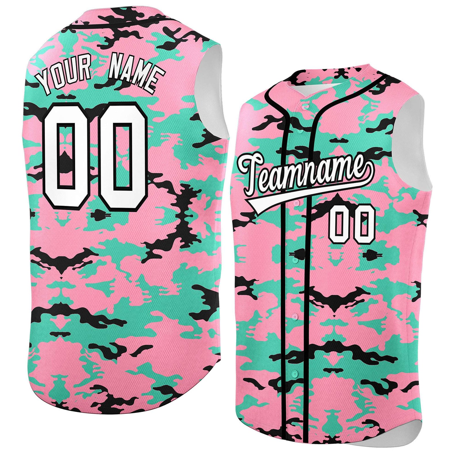 Custom Light Pink Bright Green and Black Camo Fashion Authentic Sleeveless Baseball Jersey