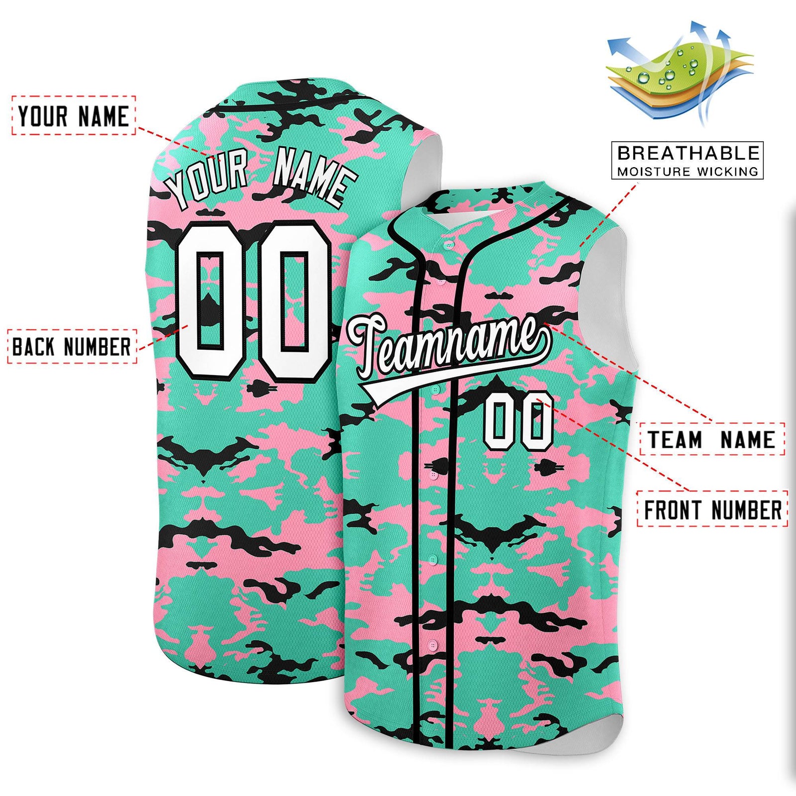 Custom Bright Green Light Pink and Black Camo Fashion Authentic Sleeveless Baseball Jersey