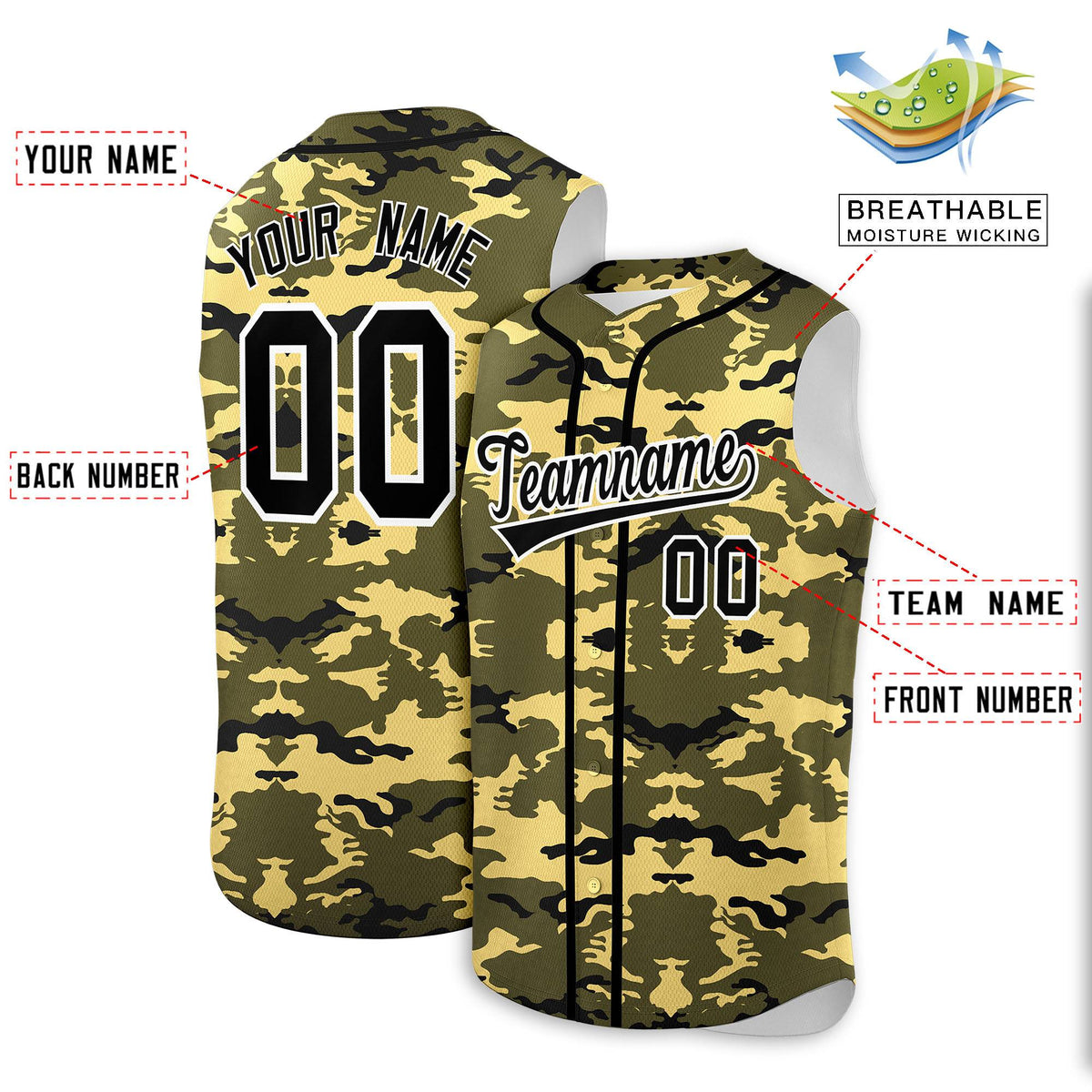 Custom Olive Khaki and Black Camo Fashion Authentic Sleeveless Baseball Jersey